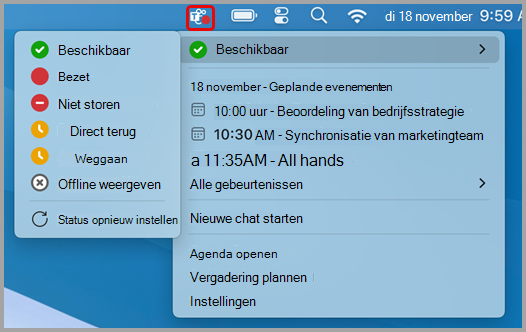 Schermafbeelding van het menu met snelle acties voor Teams op Mac.