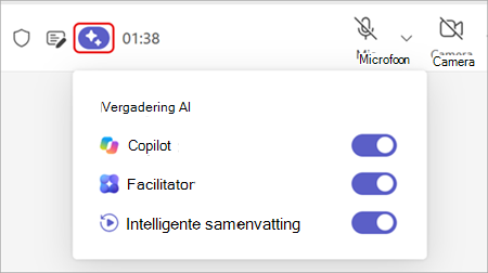 Schermopname met de optie Vergadering AI bovenaan het venster van een Teams-vergadering