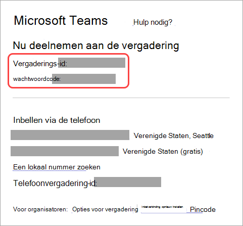 Schermopname die laat zien waar u de vergaderings-id en wachtwoordcode voor de uitnodiging voor de vergadering kunt vinden.