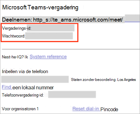 Schermopname van de uitnodiging voor de nieuwe Teams-vergadering, met de id en wachtwoordcode van de vergadering gemarkeerd.