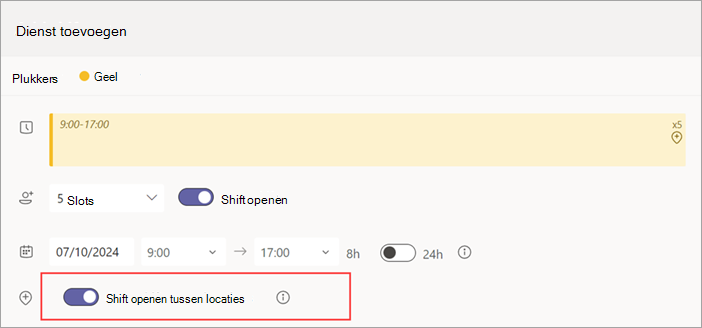 Schermopname van de wisselknop Shift openen tussen locaties voor een geopende dienst.