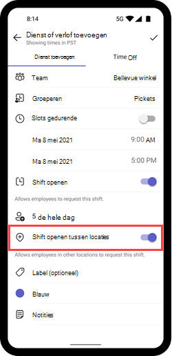 Schermopname van de wisselknop Shift openen tussen locaties voor een dienst op mobiele apparaten.