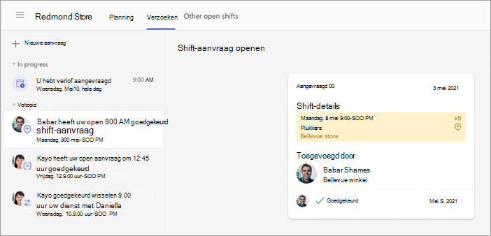 Schermopname van een aanvraag voor het openen van ploegendiensten die is goedgekeurd door een manager.