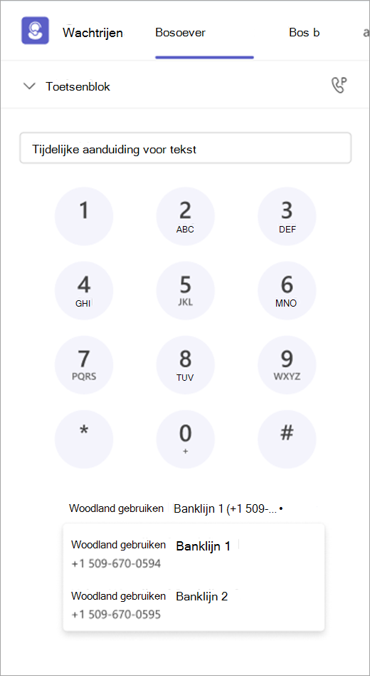 Schermopname van dialpad met opties voor uitgaande oproepen