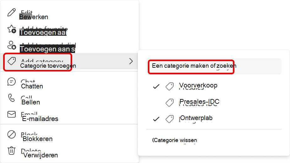 Schermafbeelding van het menu Contactpersoon toevoegen aan categorie