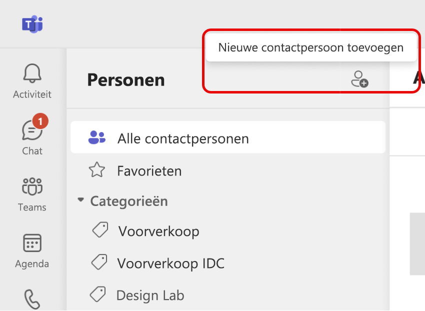 Schermafbeelding van het pictogram voor het toevoegen van een nieuwe contactpersoon in de Teams App People