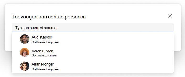 Schermafbeelding van de vervolgkeuzelijst Toevoegen aan contactpersonen in de Teams People App