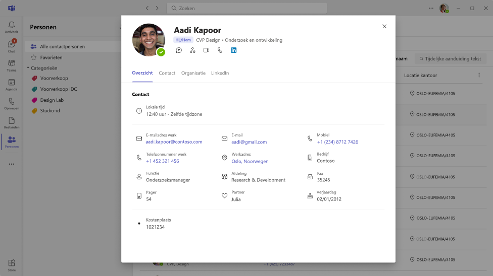 Schermopname van het visitekaartje in de Teams Personen-app