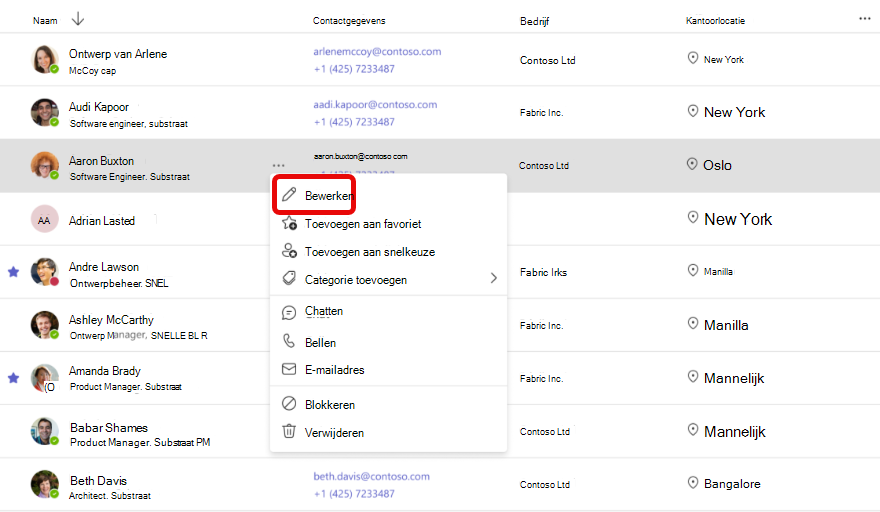 Schermopname van de werkstroom voor het bewerken van contactgegevens in de Teams People App