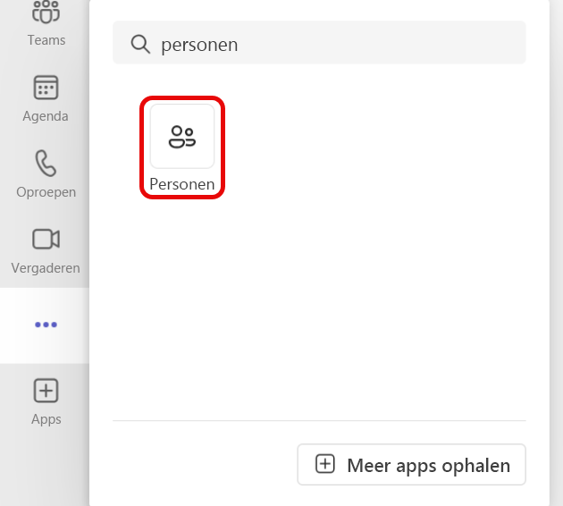 Schermafbeelding van het zoeken naar het pictogram van de app People in Teams