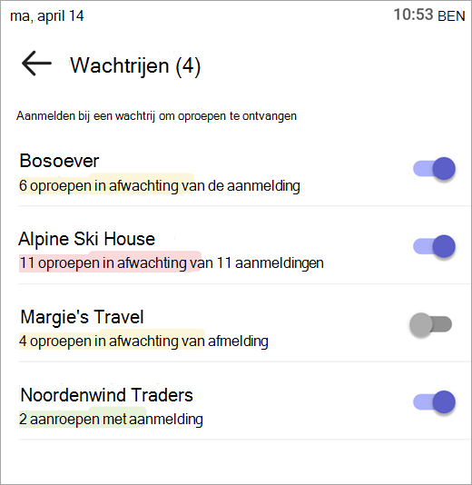 Schermopname van het in- en uitschakelen van oproepwachtrijen