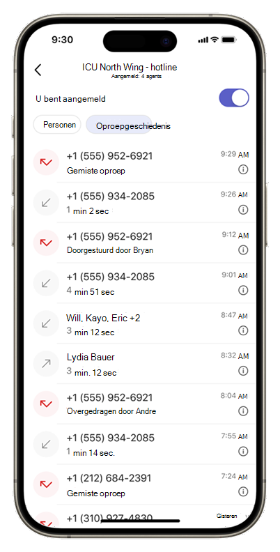 Schermopname van het startscherm van de Wachtrijen app op mobiele apparaten, met wachtrijdetails met een wisselknop voor aanmelden.