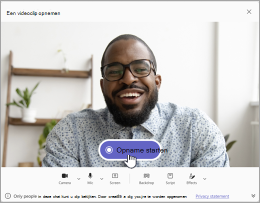 Schermopname van de optie voor het opnemen van een videoclip in Microsoft Teams