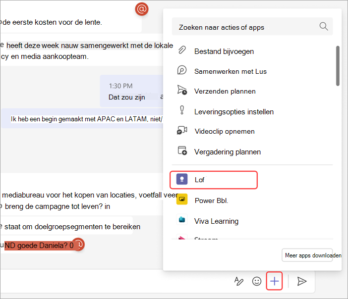 Schermafbeelding die laat zien hoe u complimenten naar iemand in een chat verzendt