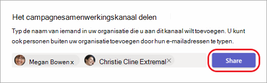 Schermopname van het delen van een kanaal met interne en externe personen