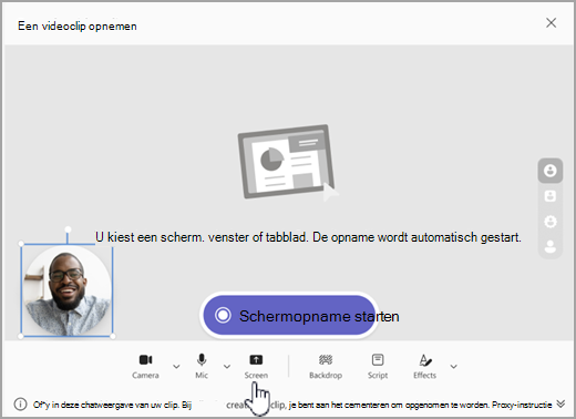 Schermafbeelding van de optie om schermopname te starten in Microsoft Teams.