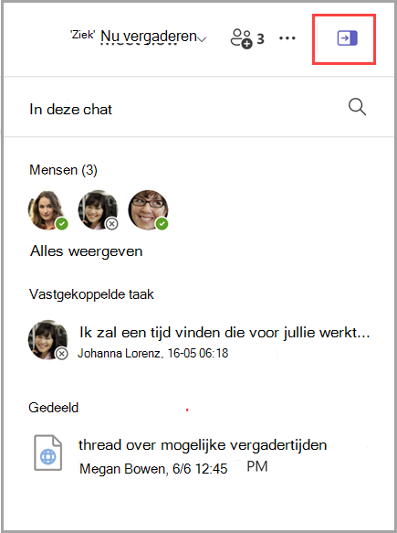 Schermafbeelding van het weergeven van een chatinformatievenster met een lijst met 3 personen, 1 vastgemaakt bericht en 1 gedeeld document.