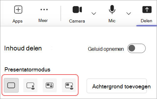 Schermopname van de verschillende presentatormodi in de besturingselementen van Microsoft Teams-vergaderingen.