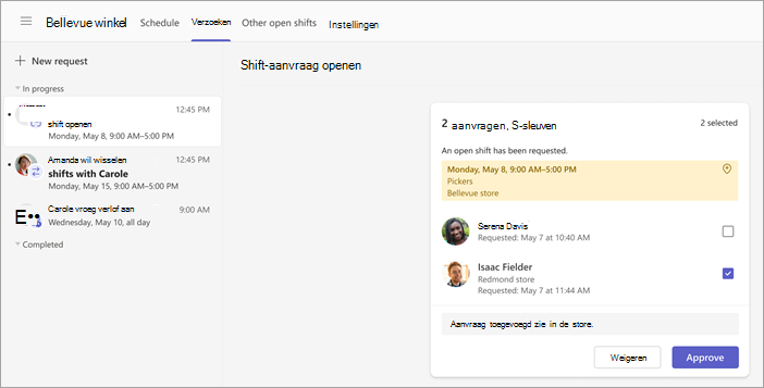Schermopname van het weergeven en goedkeuren van een open dienstaanvraag.