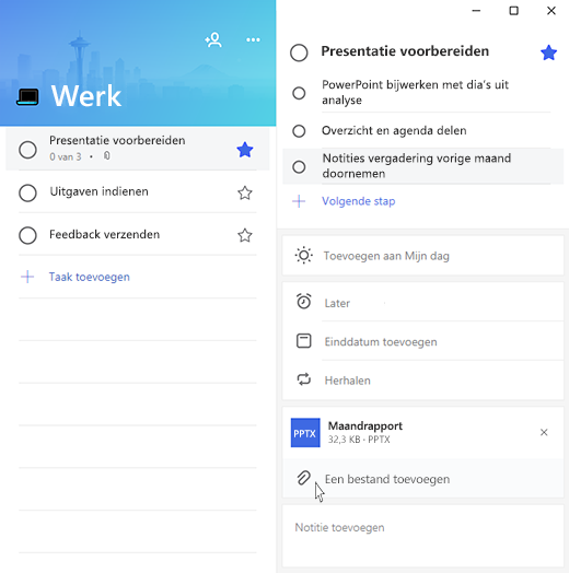 Een schermopname van Microsoft To-Do met de taak 'Voorbereiden voor presentatie' geopend en de optie Een bestand toevoegen gemarkeerd.