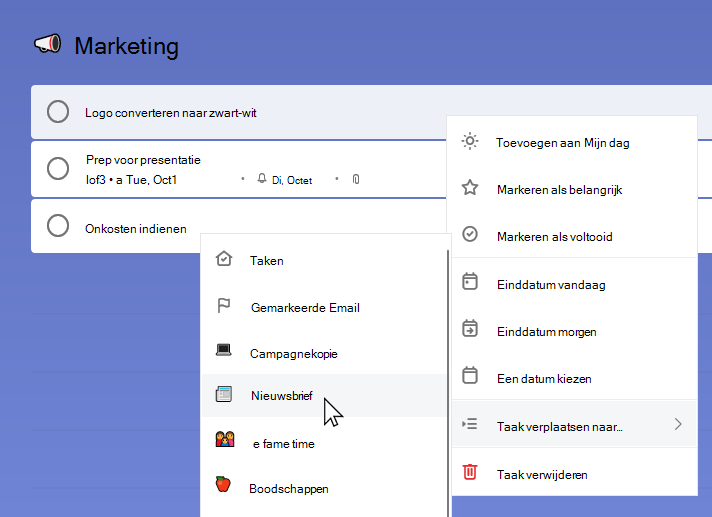 Marketinglijst met de taak Logo naar zwart-wit converteren geselecteerd en het snelmenu geopend. Taak verplaatsen naar is geselecteerd en Lijst met nieuwsbrieven is gekozen.