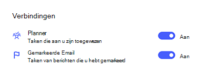 Schermafbeelding van Verbindingen in Instellingen met Planner en Gemarkeerde Email ingeschakeld
