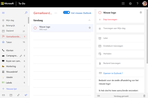 Schermopname van de lijst Met vlag Email geopend en de detailweergave van het opnieuw ontwerpen van het taaklogo. In de detailweergave is er de optie Openen in Outlook, evenals een voorbeeld van de e-mailtekst.