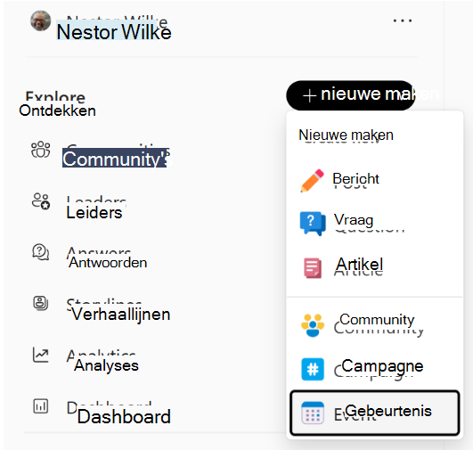 Het linkernavigatiedeelvenster van Engage biedt het menu Nieuwe maken.