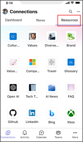 Screenshot of the resources tab on mobile.
