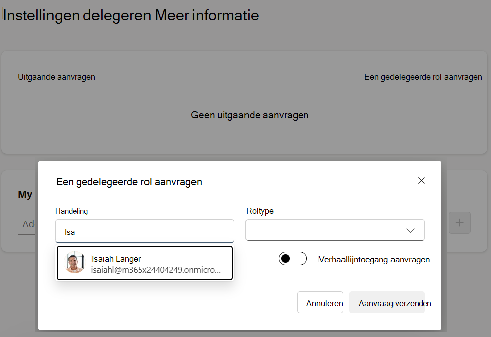 pop-up met relevante informatie om het verzoek van de gemachtigde in te dienen
