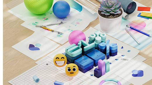Verschillende vormen en emoji's verspreid over een bureau