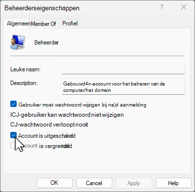 Het scherm Eigenschappen van beheerder in Windows 11, met Account is uitgeschakeld gemarkeerd.