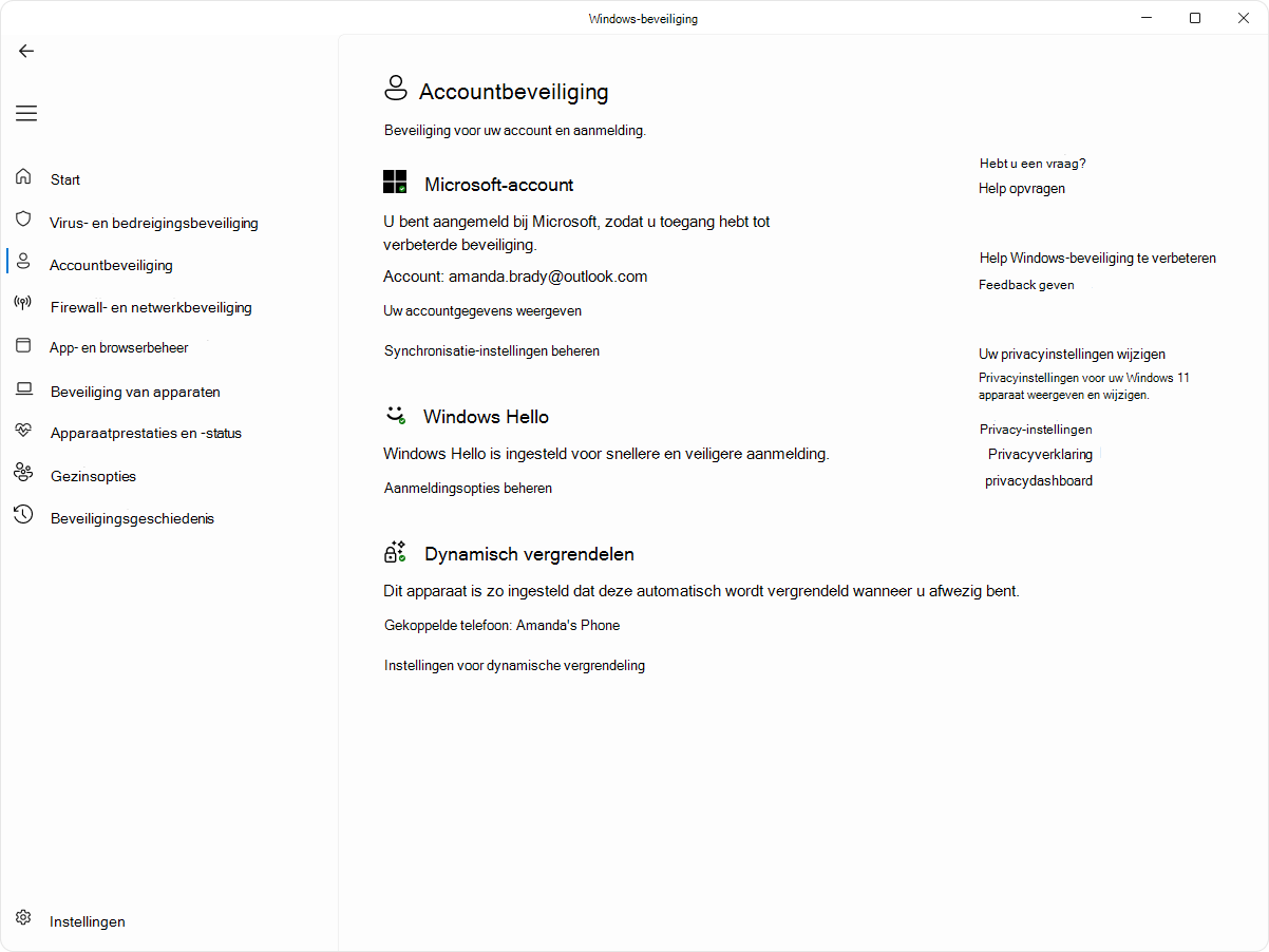 Schermopname van de pagina accountbeveiliging van de Windows-beveiliging-app.