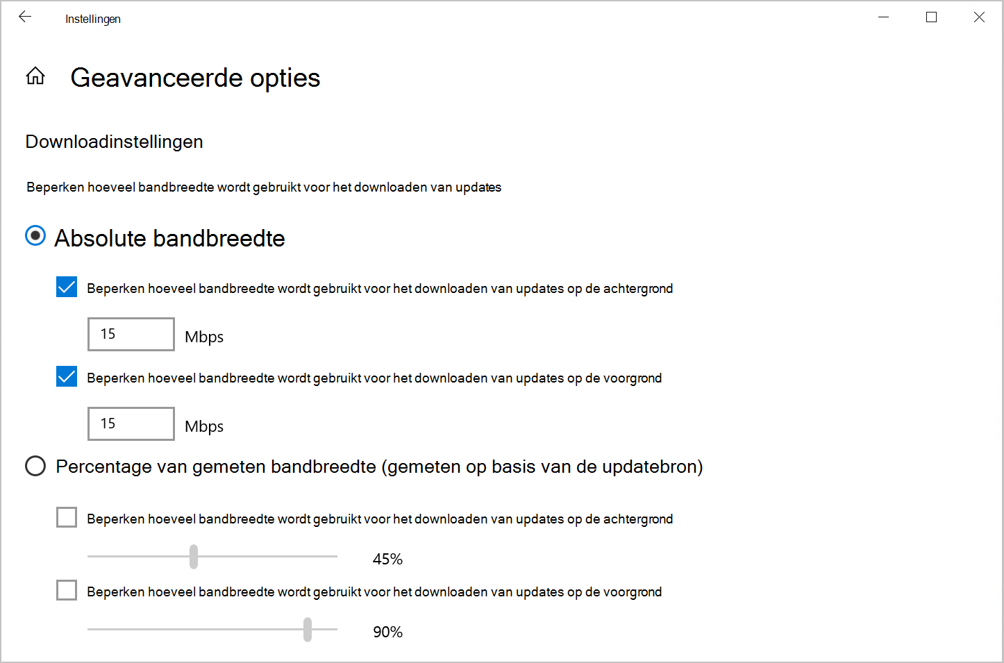Schermopname van de optie Delivery Optimization om de downloadbandbreedte in Windows 10 te beperken.