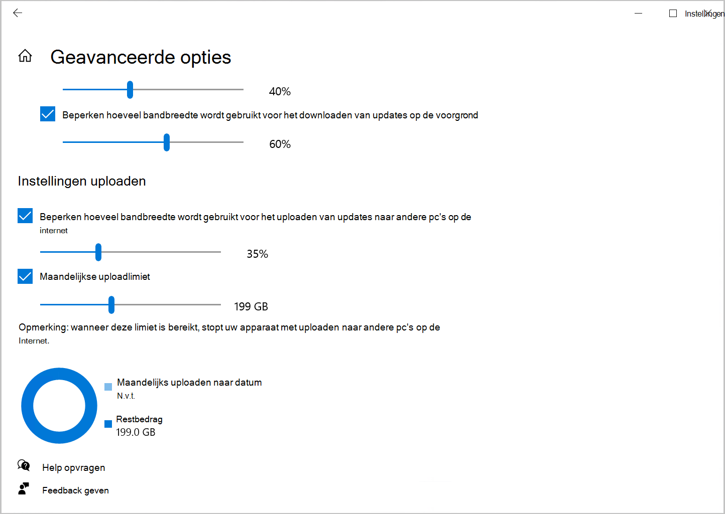 Schermopname van de optie Delivery Optimization om de uploadbandbreedte in Windows 10 te beperken.