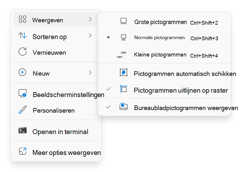 Schermopname van het contextmenu op het bureaublad dat wordt weergegeven wanneer u met de rechtermuisknop klikt.