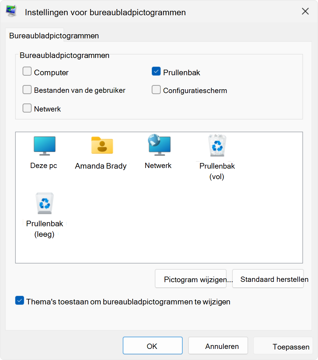 Schermopname van de bureaubladpictograminstellingen in Windows.