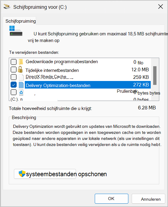 Schermopname van het hulpprogramma Schijfopruiming met de optie voor Delivery Optimization Files geselecteerd.