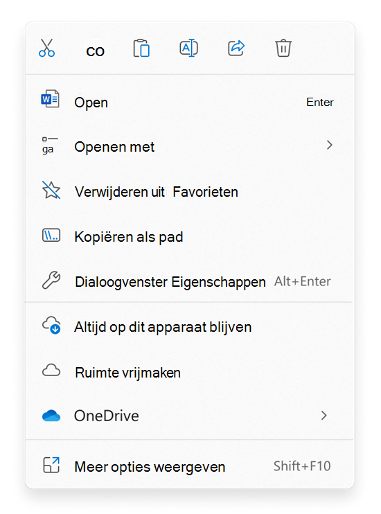Selecteer opdrachten voor bestanden of mappen in het Bestandenverkenner snelmenu.