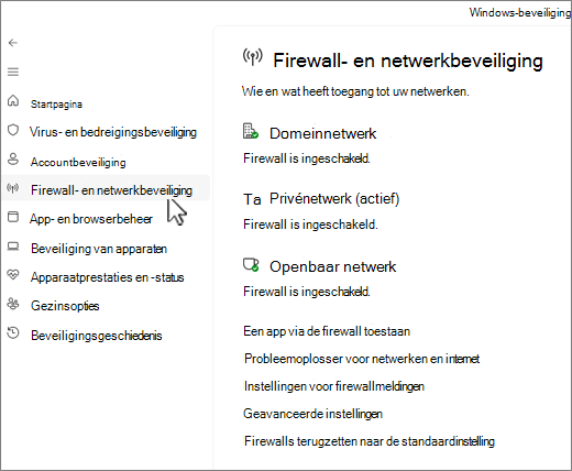 Schermafbeelding van de pagina Firewall- en netwerkbeveiliging van de app Windows-beveiliging.