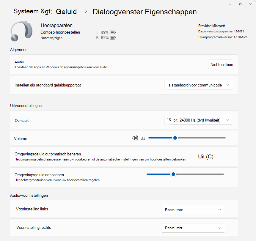 Schermopname van Instellingen > voor eigenschappen van systeemgeluid >> met enkele beschikbare opties voor het configureren van een hoortoestel.