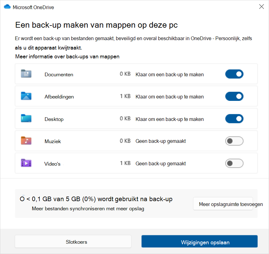 Schermopname van OneDrive Backup in Windows 10.