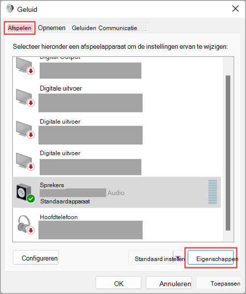 Toegang tot apparaateigenschappen voor audio-uitvoer in Windows 11-geluidsinstellingen.