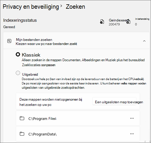 Schermopname van Windows Search-instellingen.
