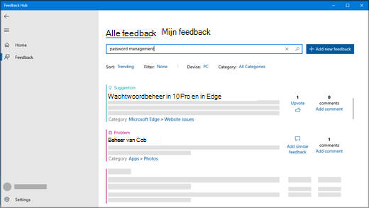 Het dialoogvenster Feedback zoeken in Feedback-hub