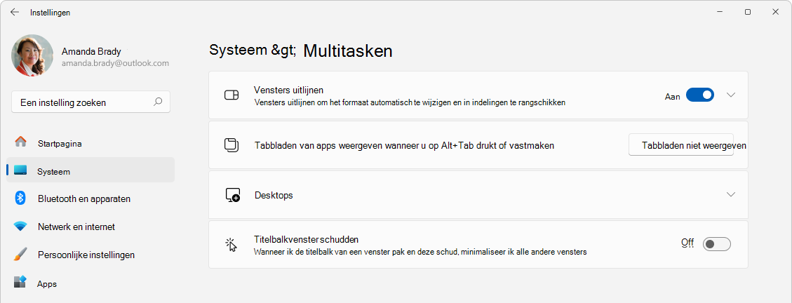 Schermafbeelding van Instellingen > voor multitasking van systeem > .