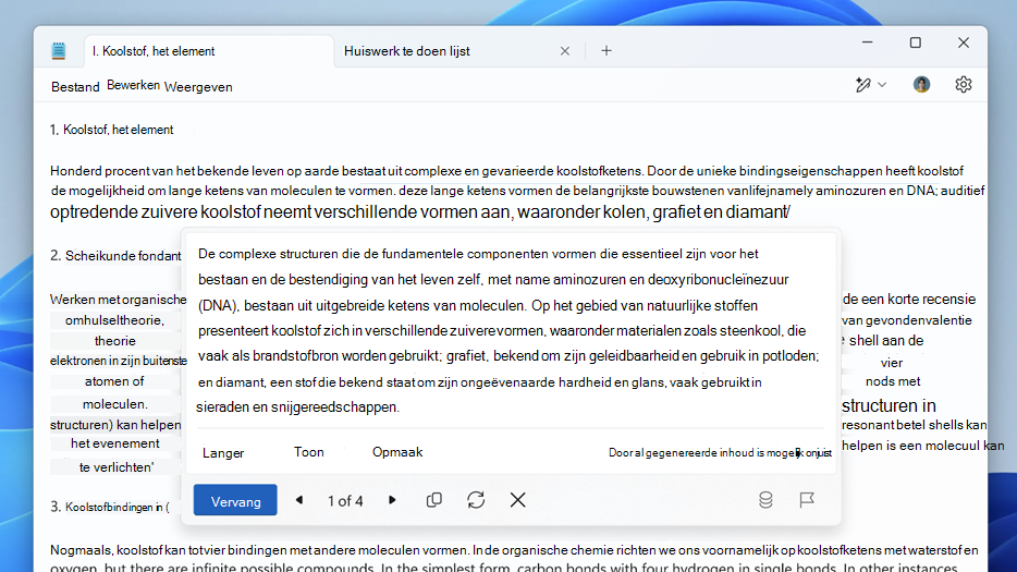 Schermopname van Cowriter in Kladblok met de herschrijfopties