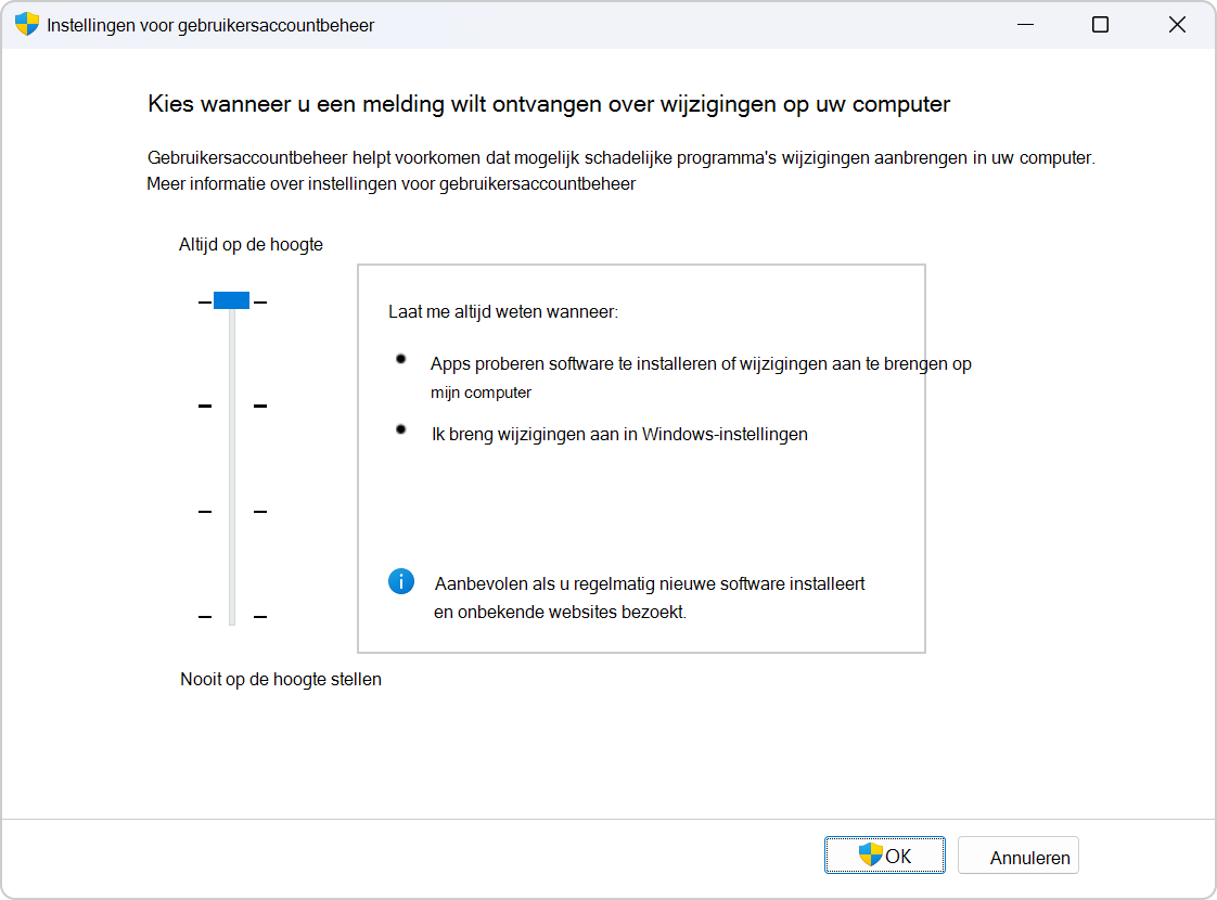 Screenshot of the settings to configure UAC.