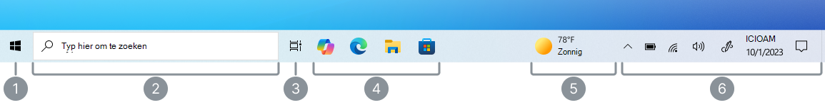Schermopname van de Windows 10 taakbalk met een label voor elke sectie.