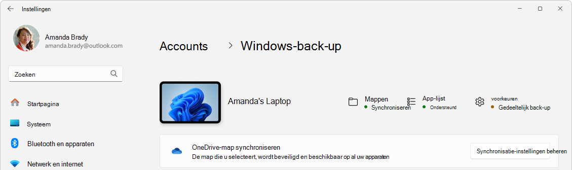 Schermopname van Instellingen met de back-upstatus van Windows.